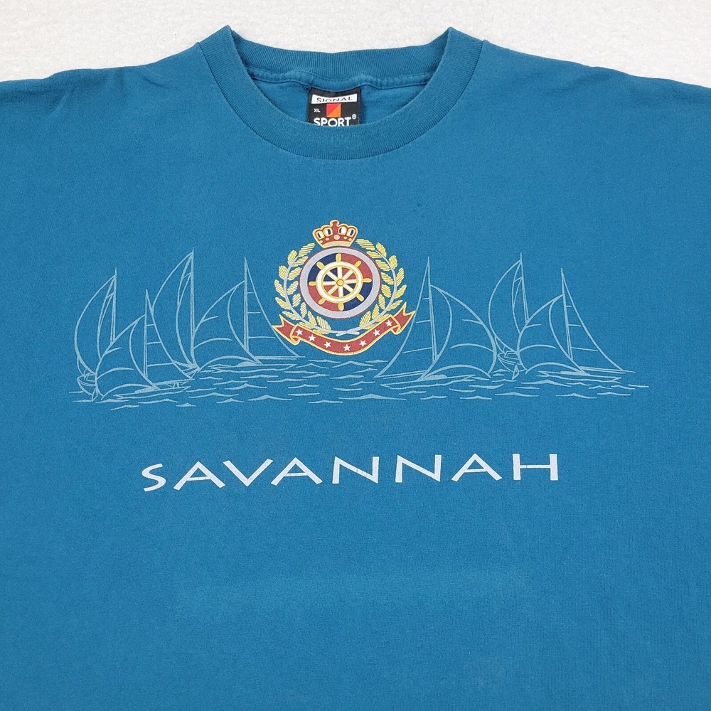 Vintage Savannah Signal Sport Shirt Mens XL Blue Single Stitch Short Sleeve USA
